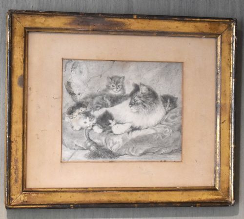 VICTORIAN DRAWING OF A CAT WITH KITTENS - ADDITIONAL PHOTO 1