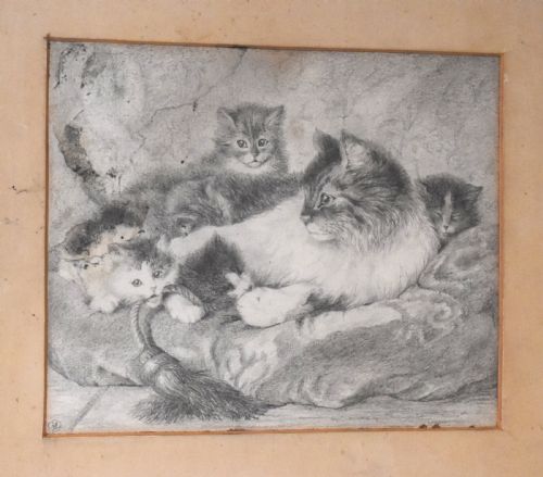 VICTORIAN DRAWING OF A CAT WITH KITTENS - ADDITIONAL PHOTO 2