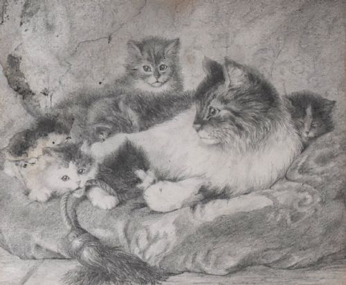 VICTORIAN DRAWING OF A CAT WITH KITTENS - ADDITIONAL PHOTO 3