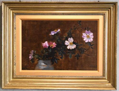 STILL LIFE OIL PAINTING OF DOG ROSES BY HENRY GEORGE MOON - ADDITIONAL PHOTO 1
