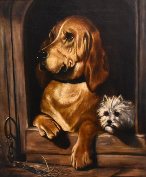 SUPERB LARGE OIL PAINTING OF DOGS AFTER LANDSEER - ADDITIONAL PHOTO 1