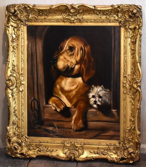 SUPERB LARGE OIL PAINTING OF DOGS AFTER LANDSEER - ADDITIONAL PHOTO 2