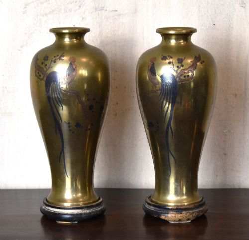 Fine Pair of Japanese Inlaid Bronze Vases