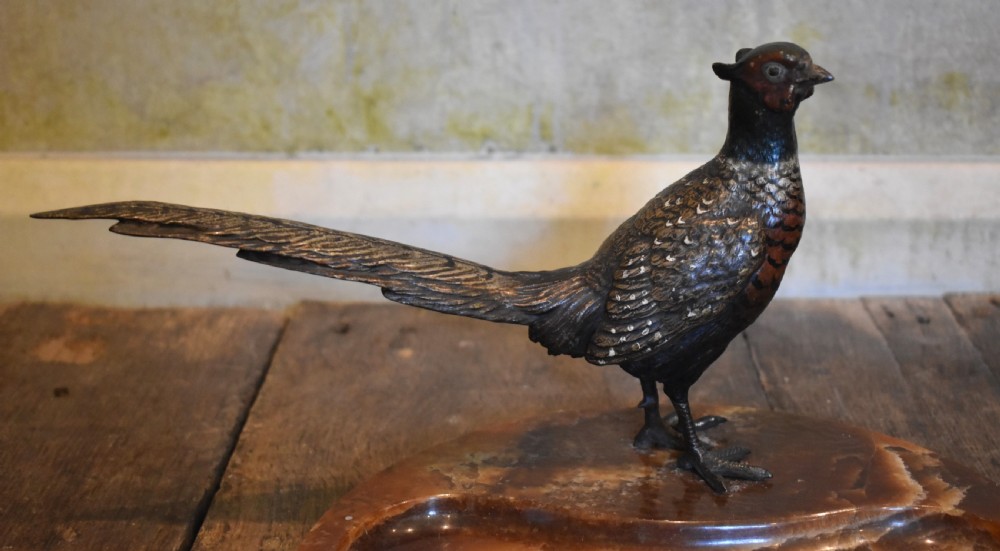 Large cold painted bronze pheasant desk stand View II