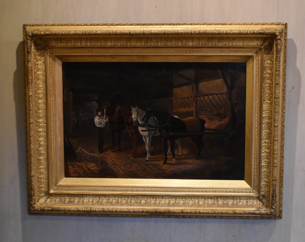 Victorian stable interior oil painting