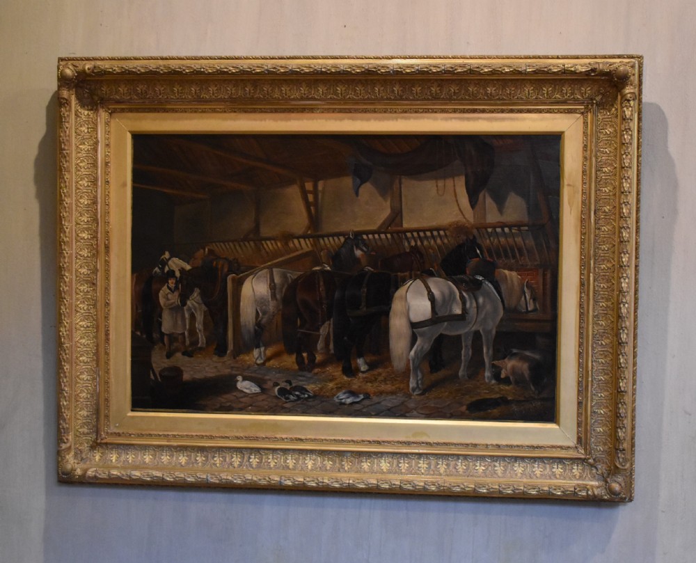 Victorian stable interior oil painting