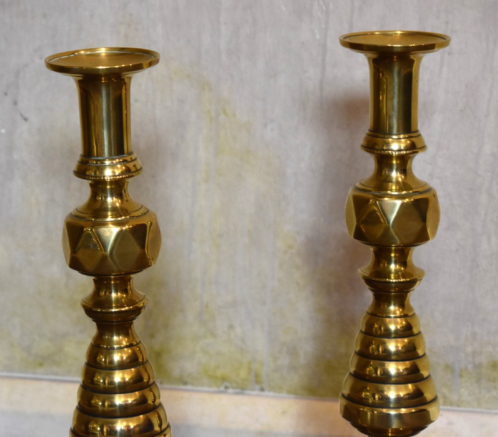 Pair of unusually large Victorian brass candlesticks View II