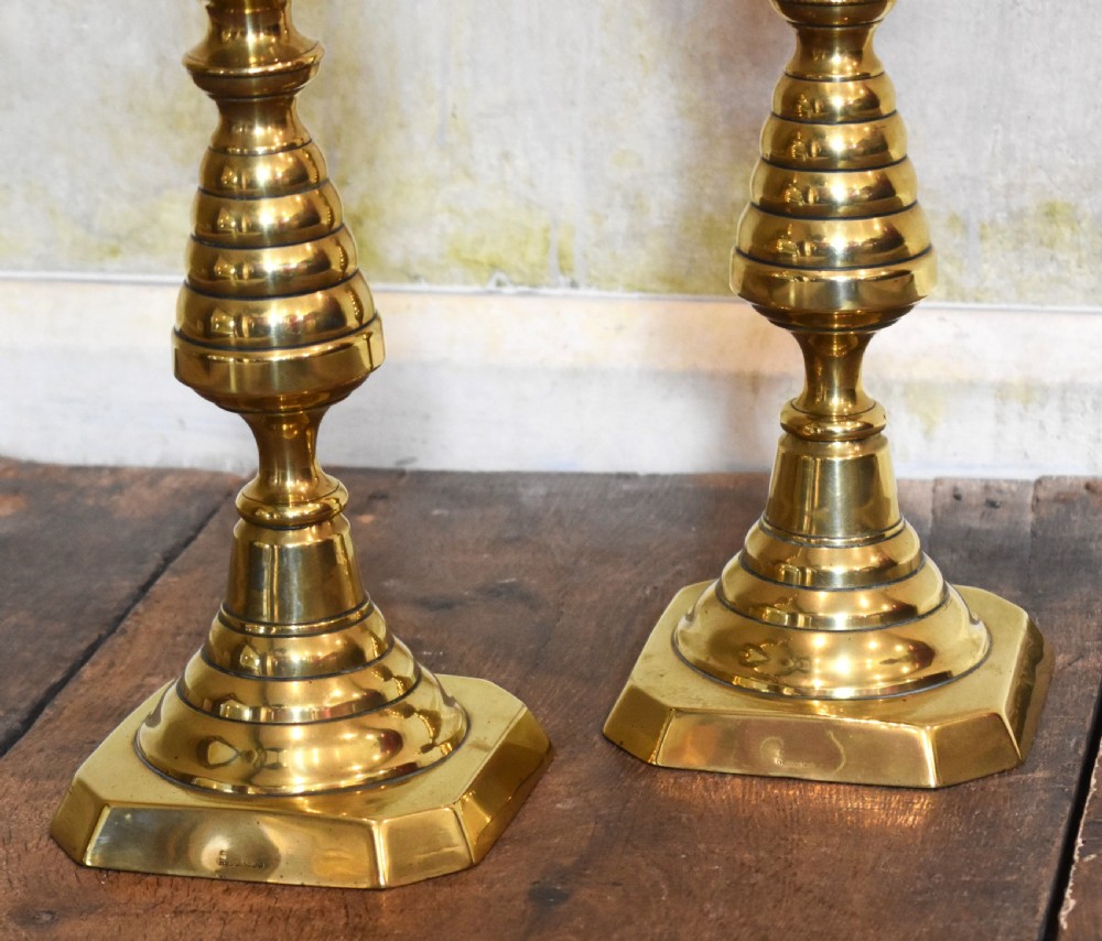 Pair of unusually large Victorian brass candlesticks View III