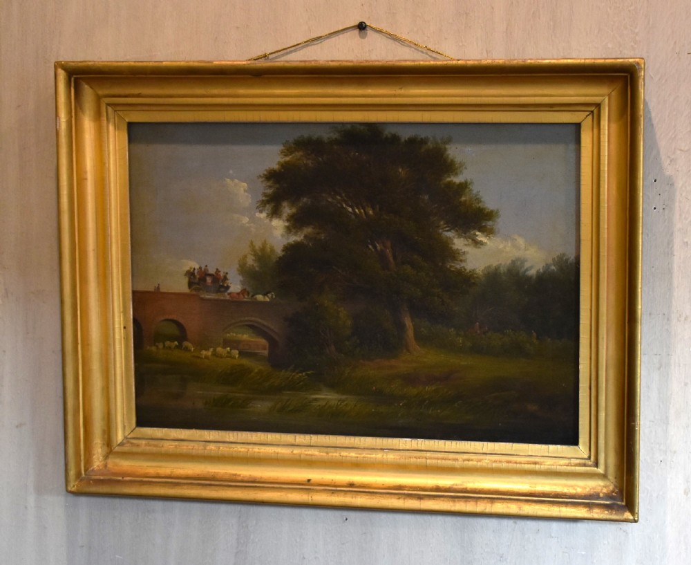 Victorian landscape oil painting with coach and horses