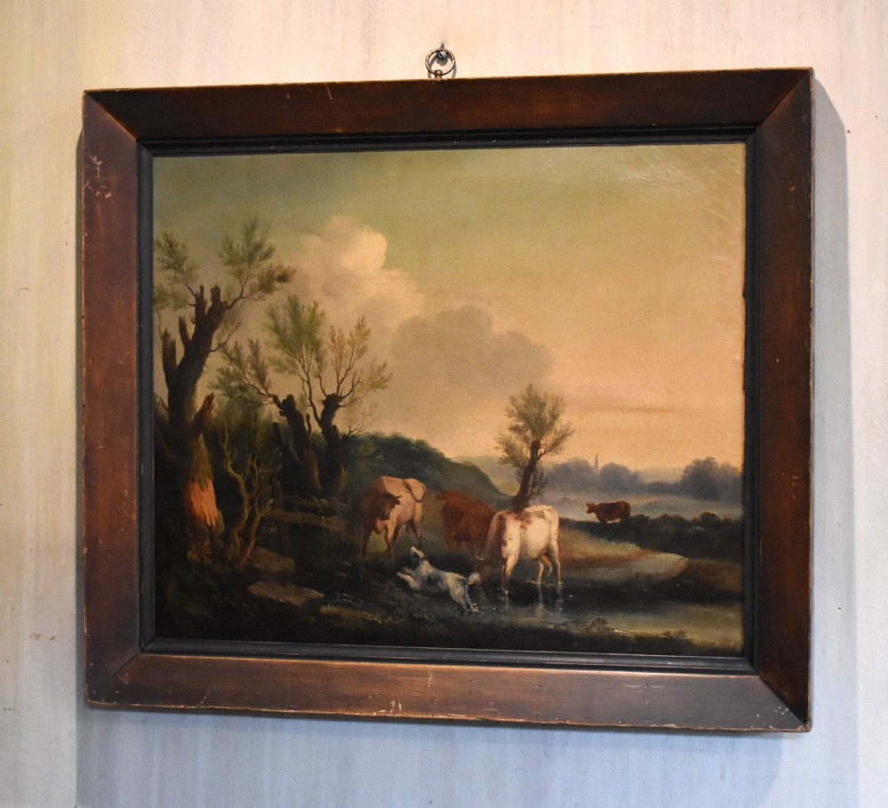 Georgian landscape oil painting with dog and cattle