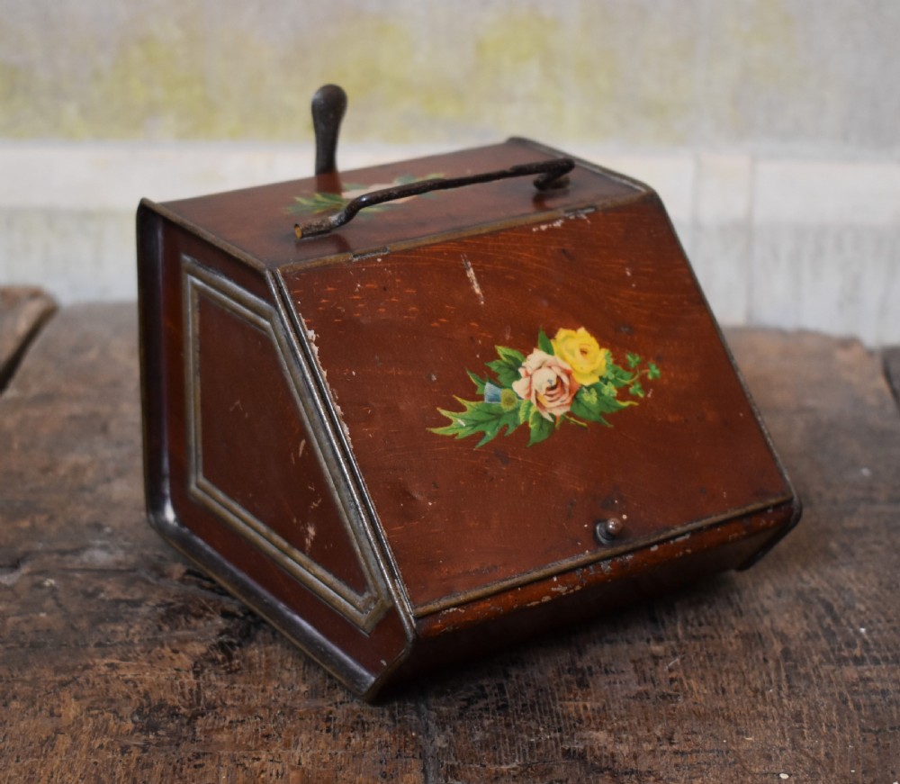 Victorian tin tea caddy in shape of a coal box