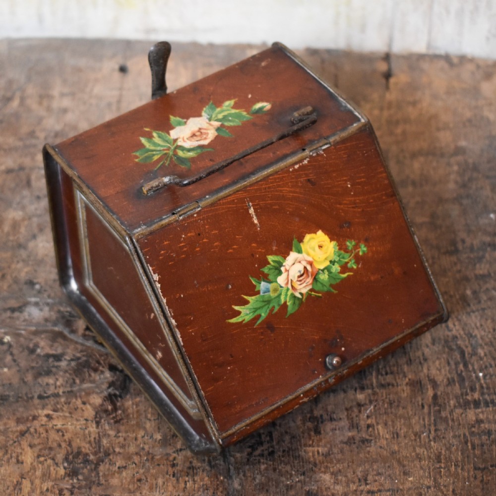Victorian tin tea caddy in shape of a coal box View II