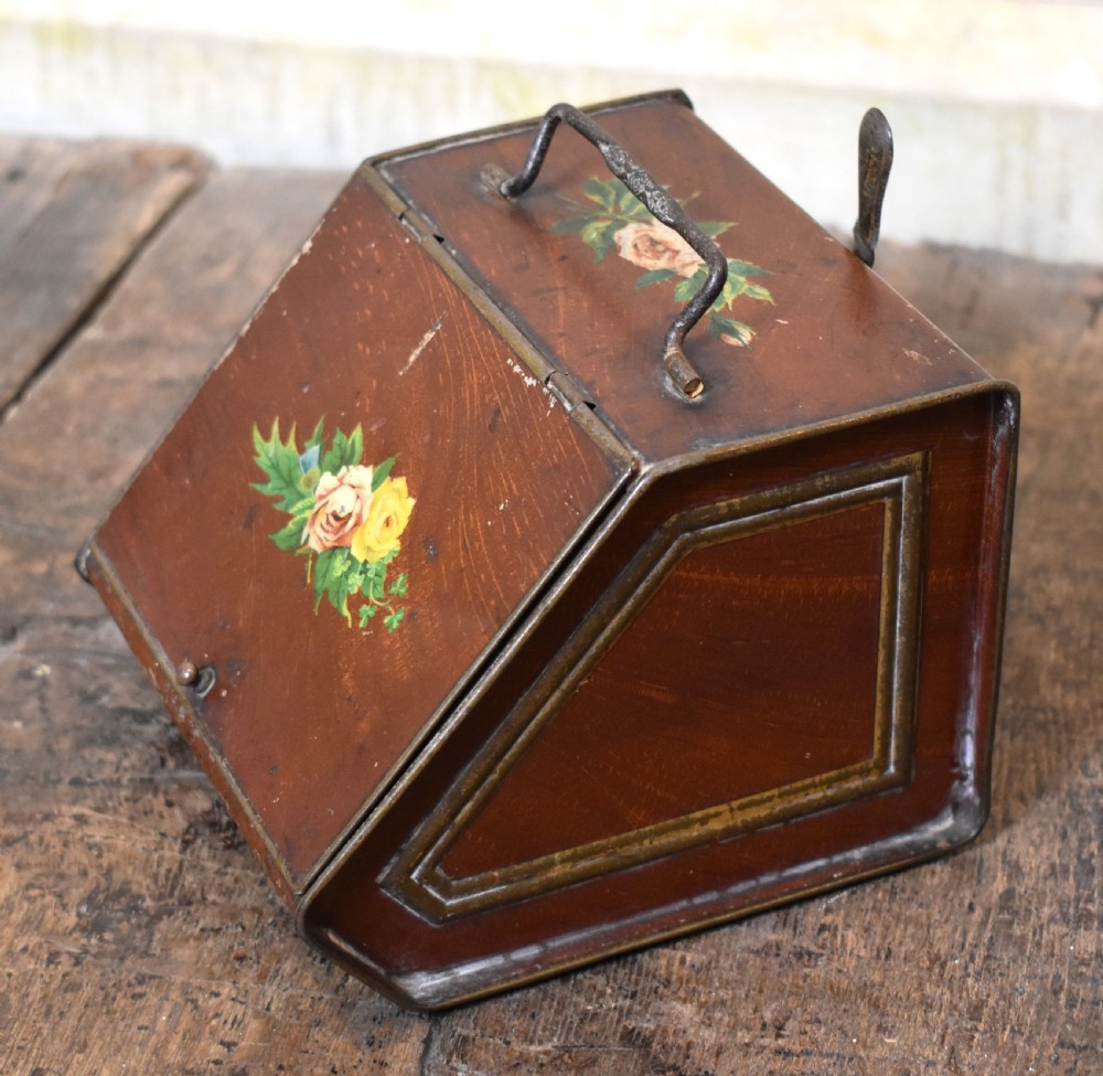 Victorian tin tea caddy in shape of a coal box View III