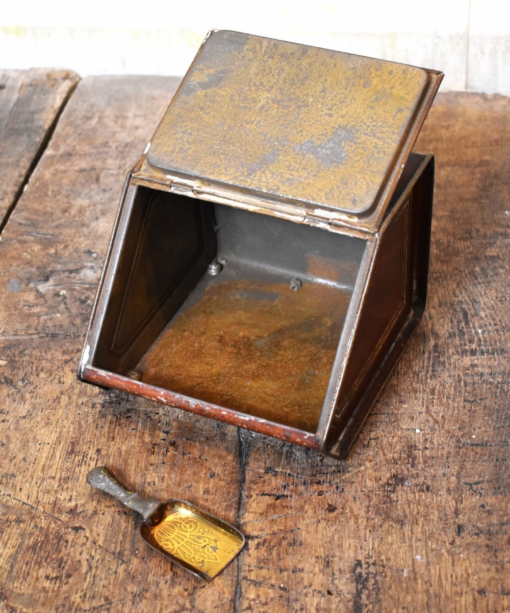 Victorian tin tea caddy in shape of a coal box View V