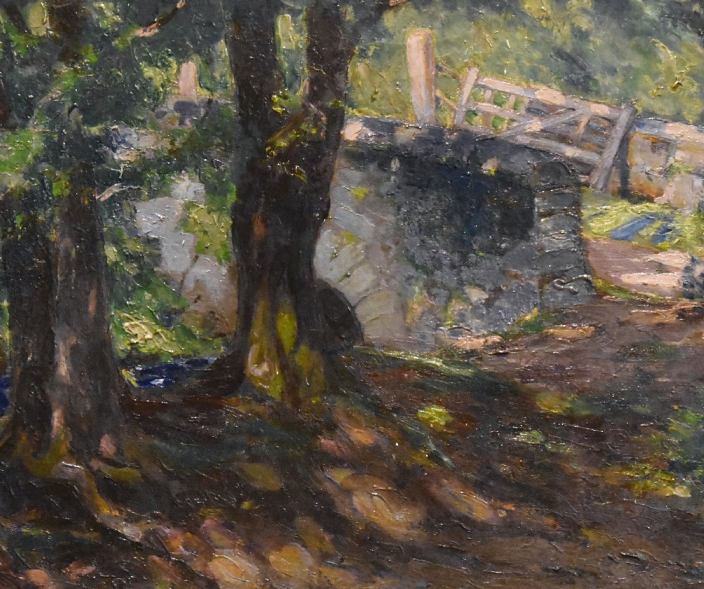 An oil painting depicting a dark woodland scene with trees, a stone bridge, and a wooden gate, housed within a textured off-white stepped frame. View III