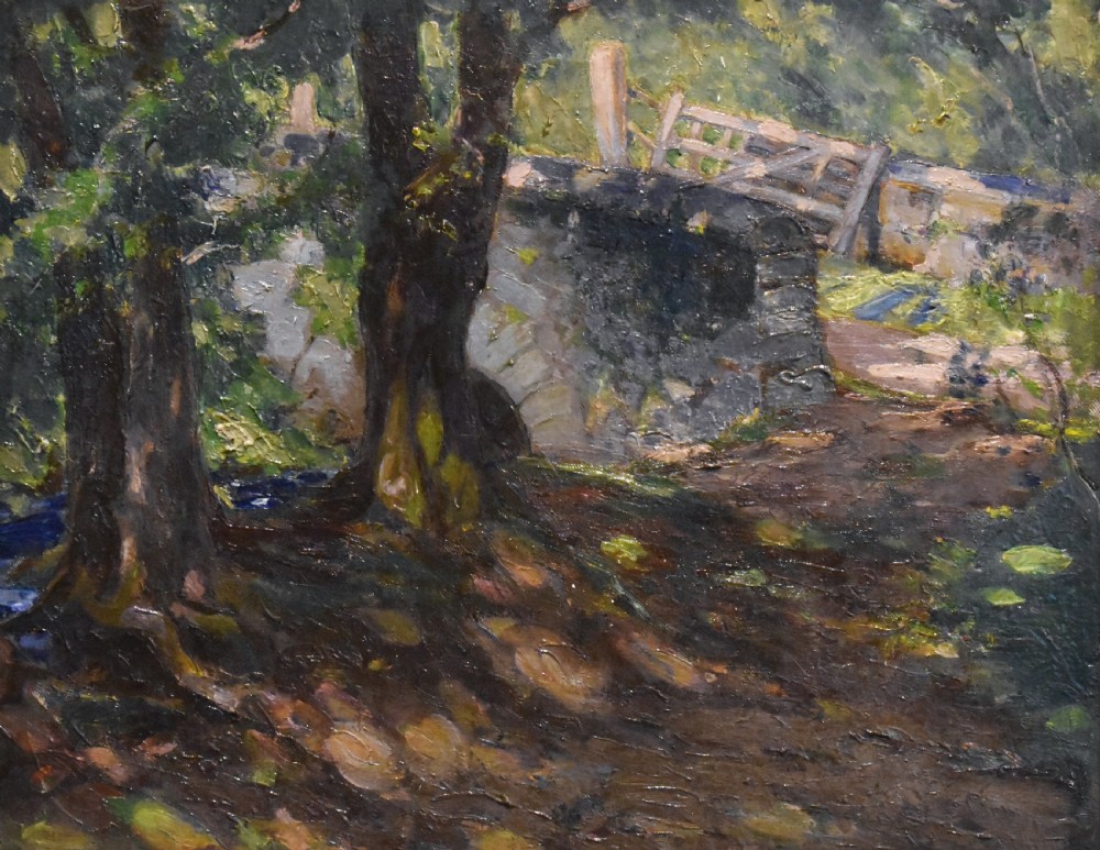 An oil painting depicting a dark woodland scene with trees, a stone bridge, and a wooden gate, housed within a textured off-white stepped frame. View IV