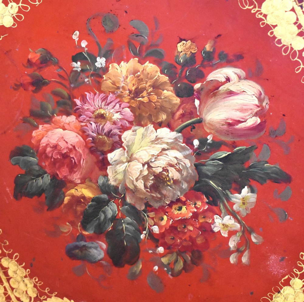 Red toleware tray painted with flowers View II