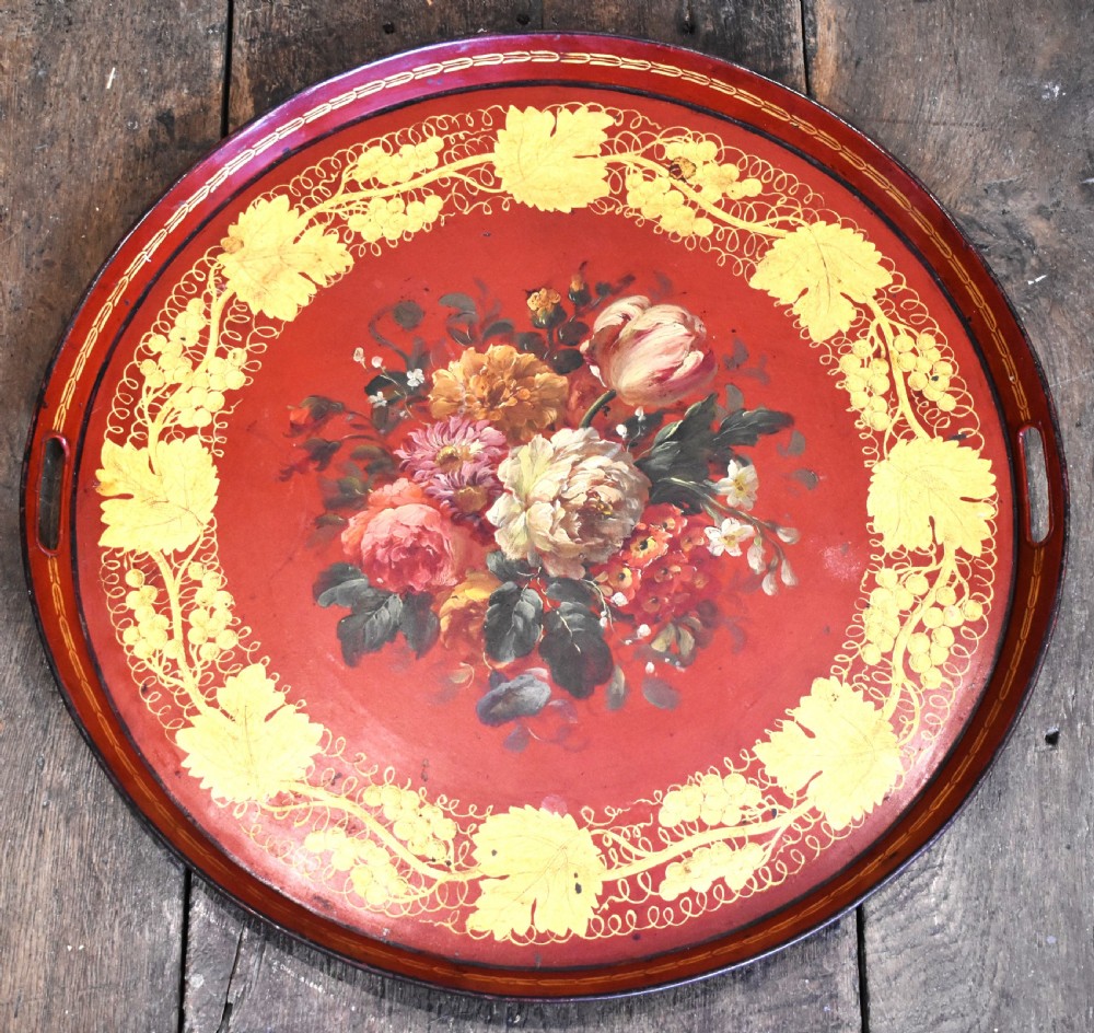 Red toleware tray painted with flowers View IV
