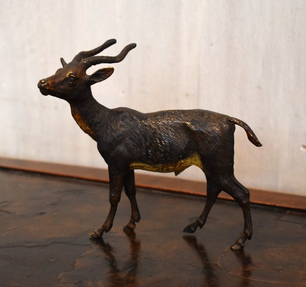 An Austrian cold-painted bronze figure depicting an antelope standing in profile with textured fur details and curved horns. View II