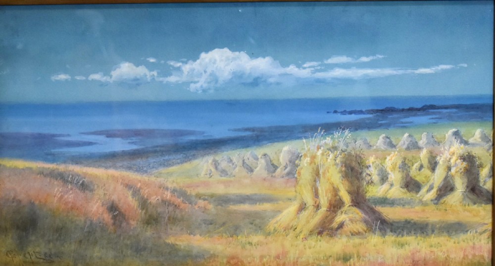 A framed watercolour painting depicting hay stooks in a field overlooking a blue bay under a cloudy sky, presented in a decorative gilt frame. View IV