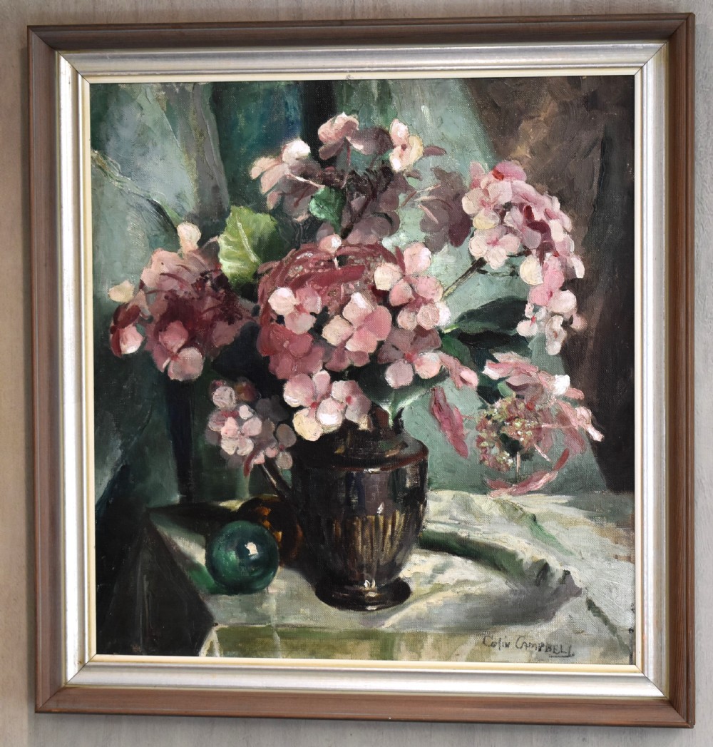 Still life oil of hydrangeas by Colin Campbell View II