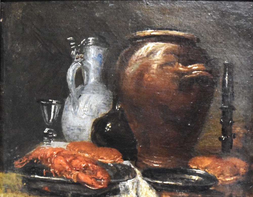 An 18th-century miniature oil painting depicting a dark still life composition with pottery and glass, housed within a wide gilt wood frame. View VI