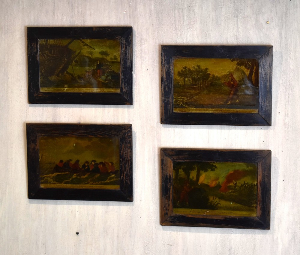 Four Georgian reverse painted prints on glass