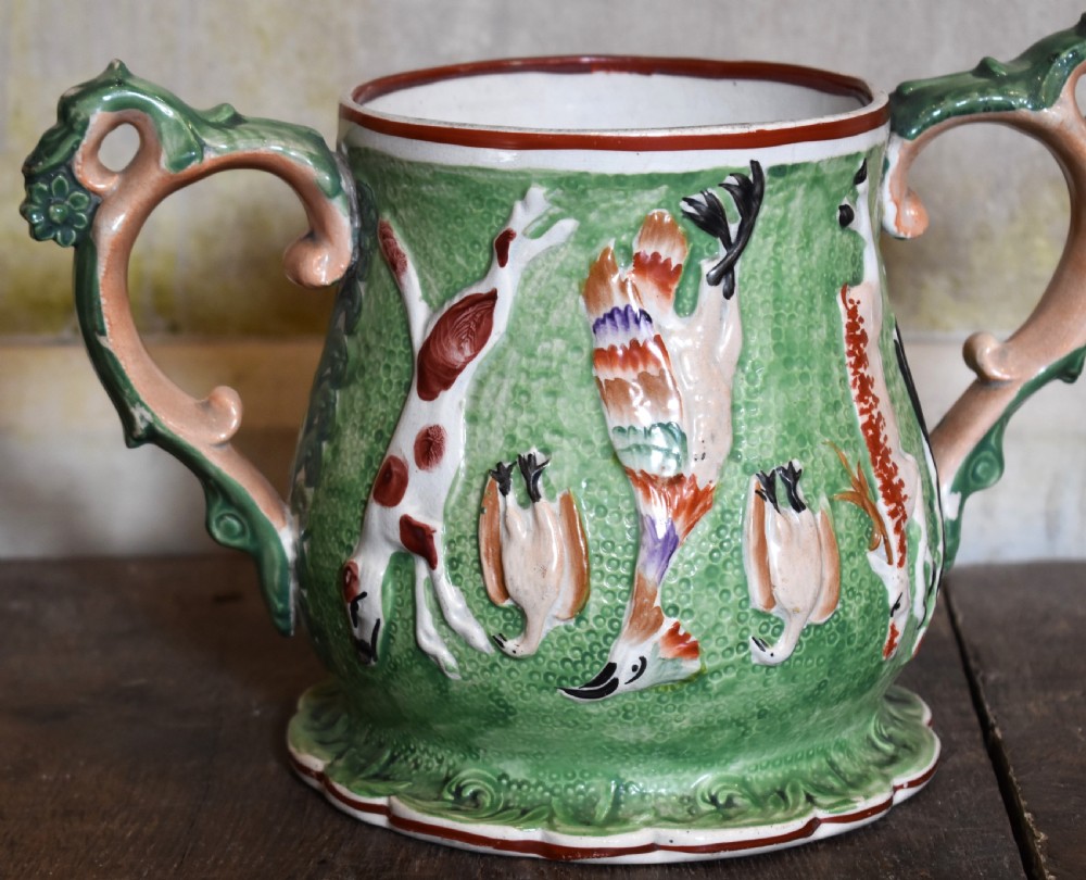 Unusual Staffordshire pottery loving cup View II