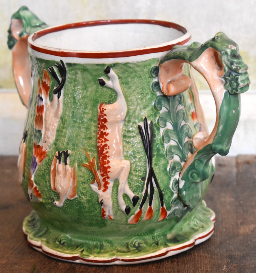 Unusual Staffordshire pottery loving cup View III