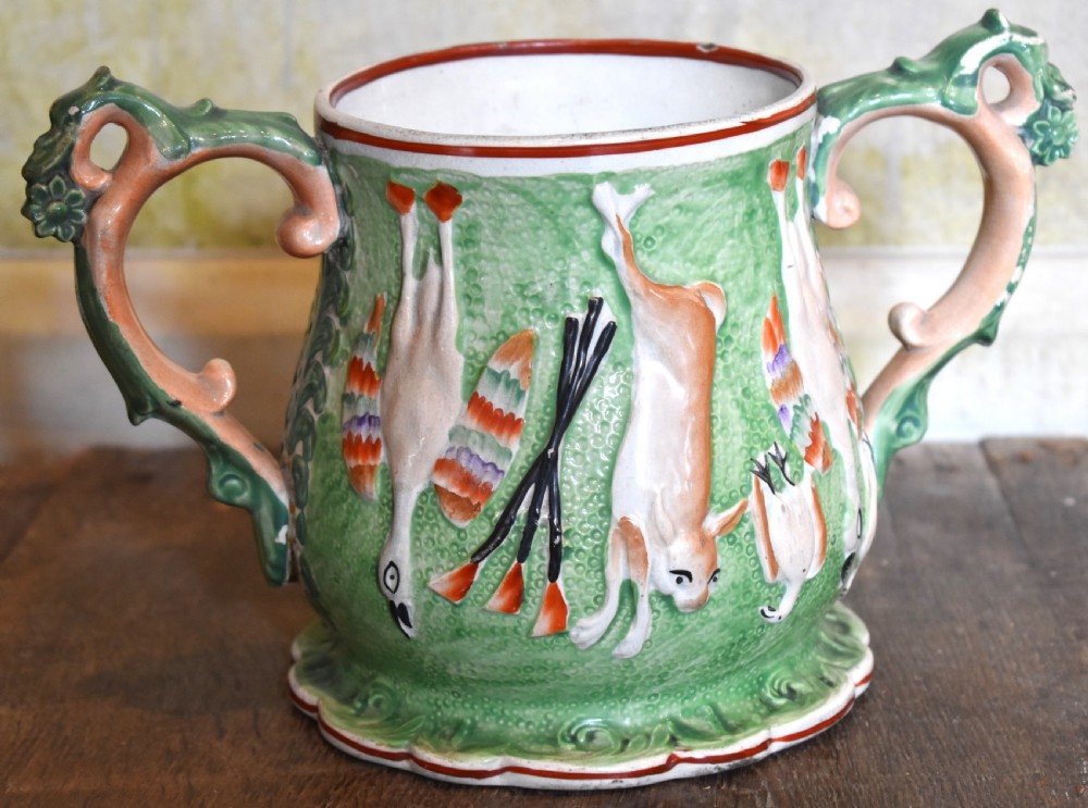 Unusual Staffordshire pottery loving cup View IV