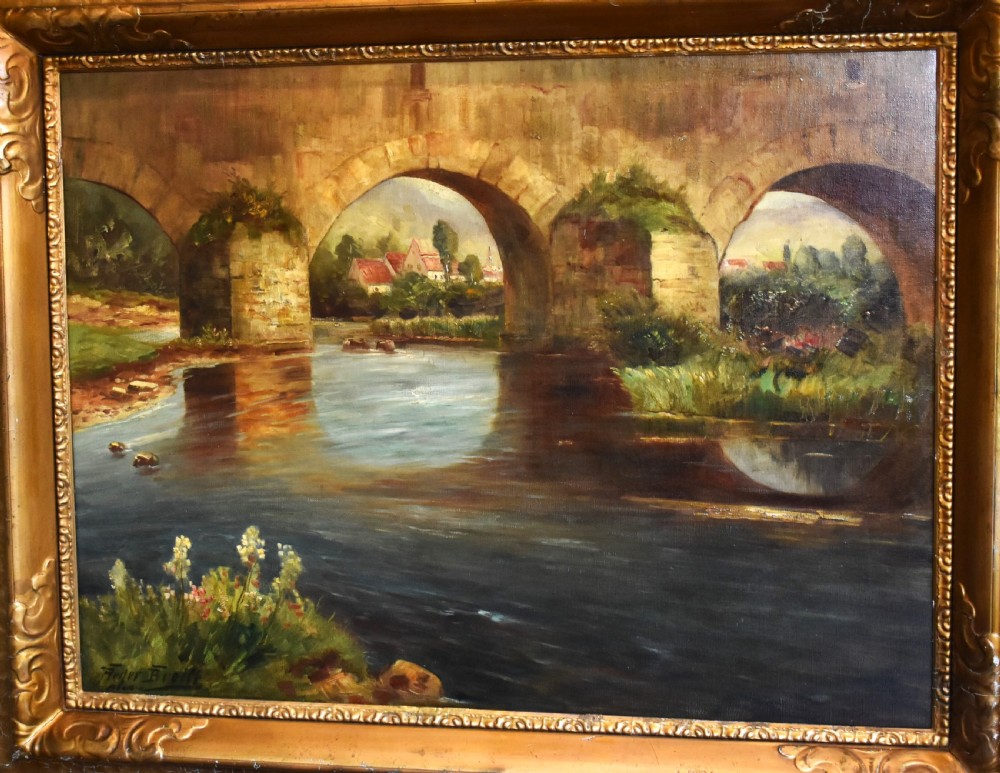 A framed oil painting featuring a large stone arch bridge over a river with reflections and a distant village. View III