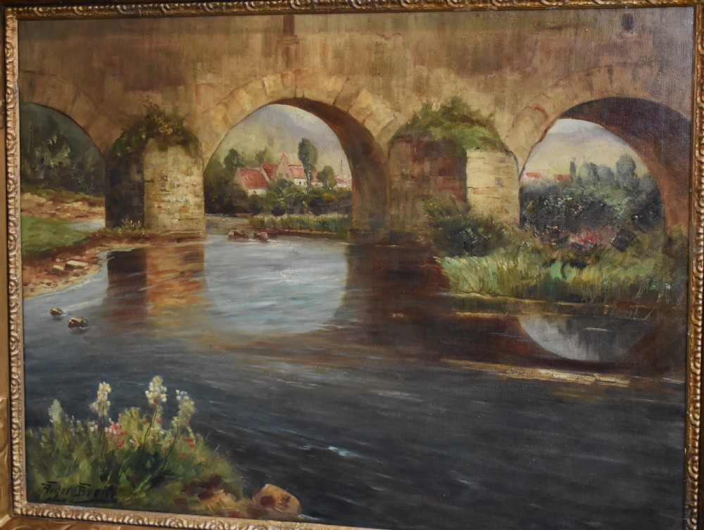 A framed oil painting featuring a large stone arch bridge over a river with reflections and a distant village. View IV