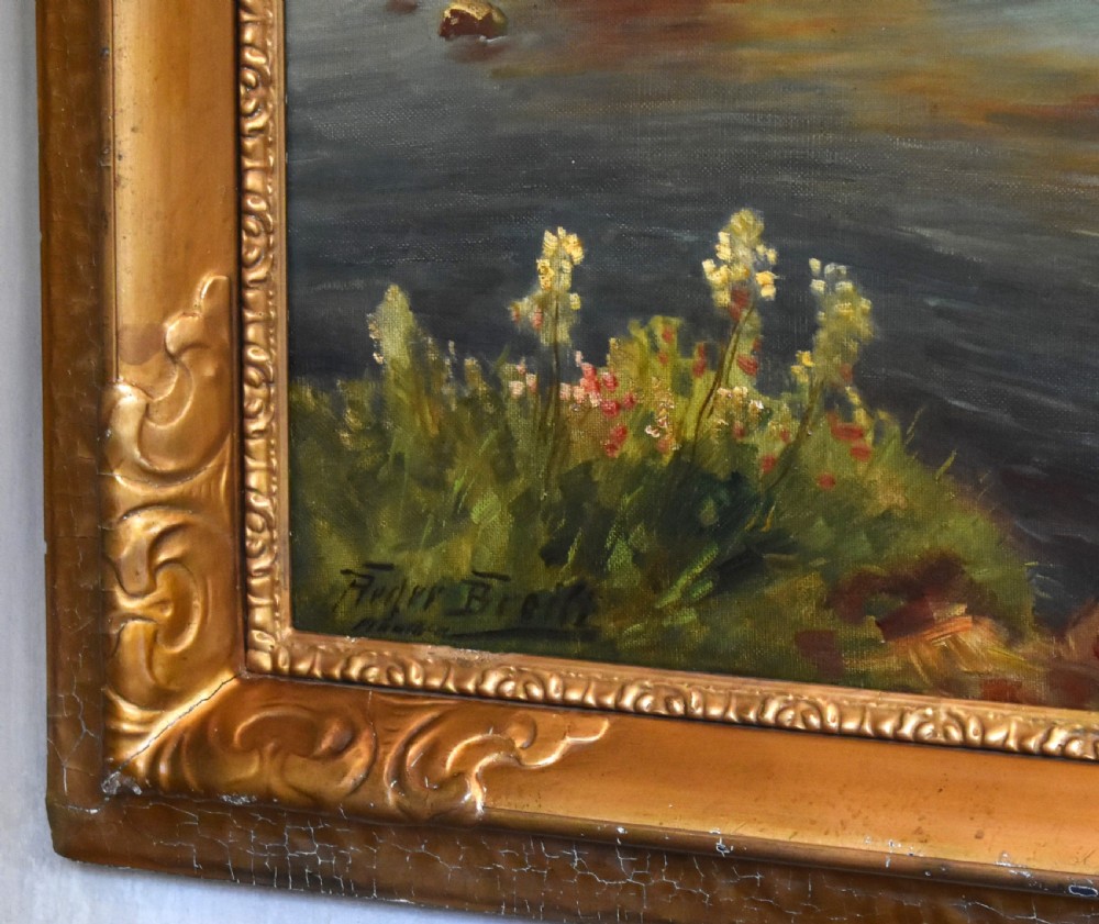 A framed oil painting featuring a large stone arch bridge over a river with reflections and a distant village. View VI