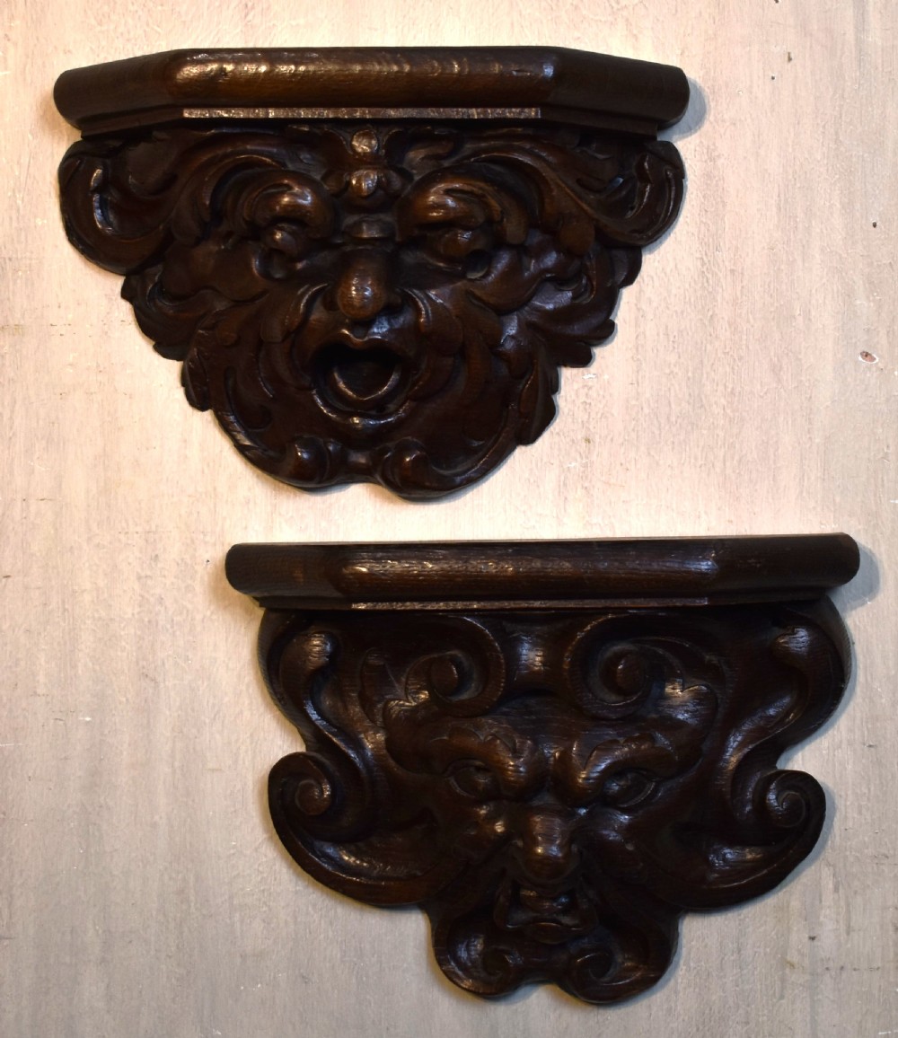 Pair of Gothic Revival oak wall brackets View II