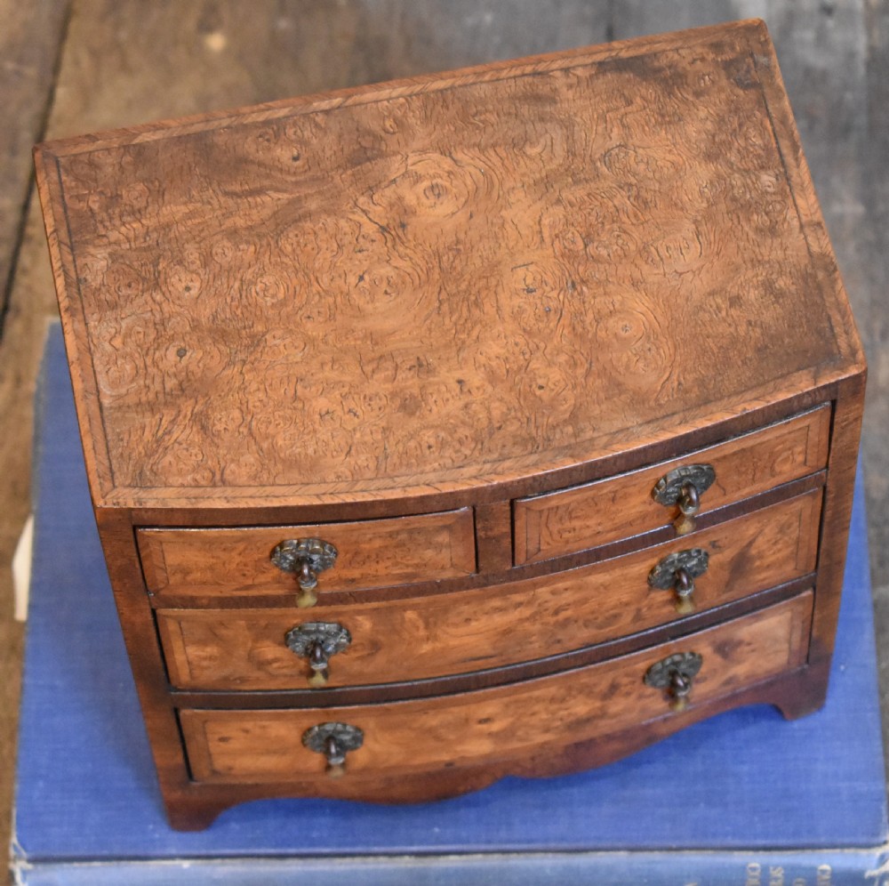 Superb miniature burr elm bowfront chest of drawers View II