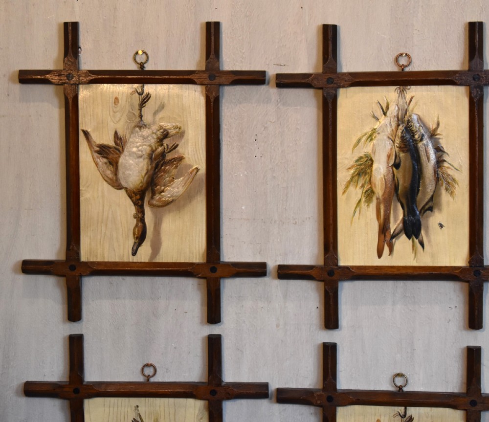 A set of four Victorian embossed prints featuring game birds and fish displayed in dark wooden Oxford frames. View II