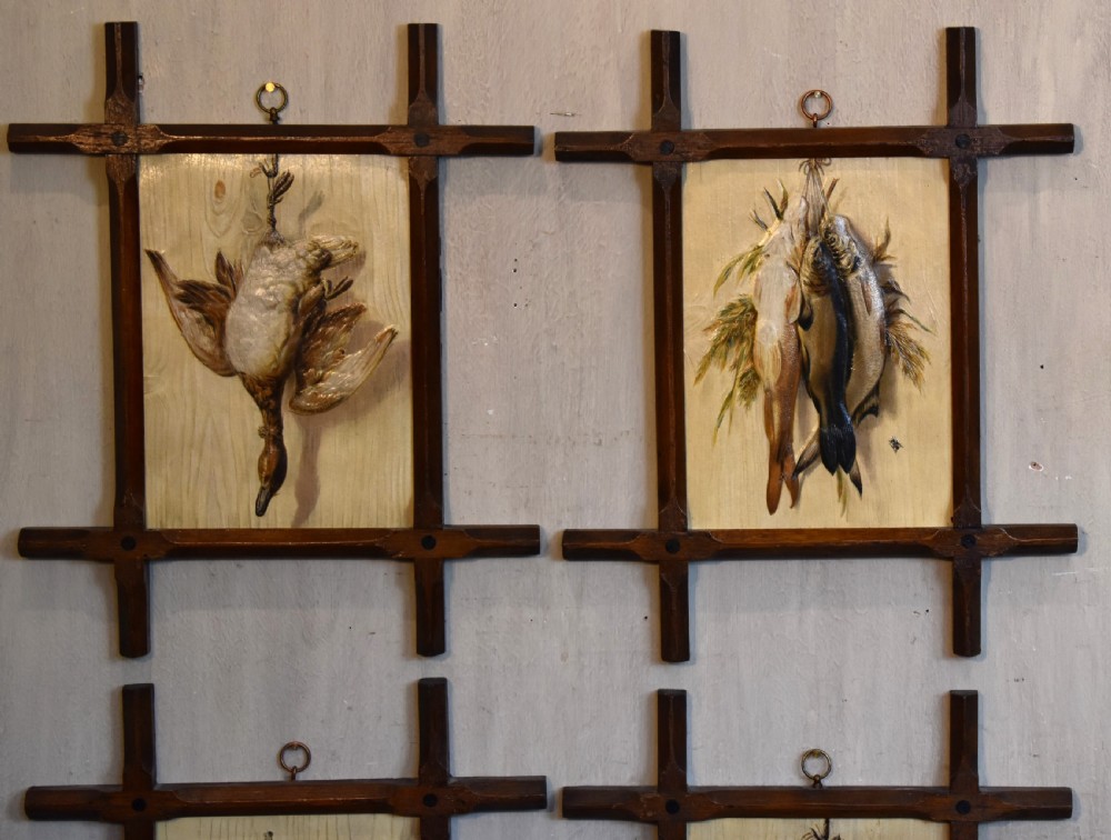 A set of four Victorian embossed prints featuring game birds and fish displayed in dark wooden Oxford frames. View III