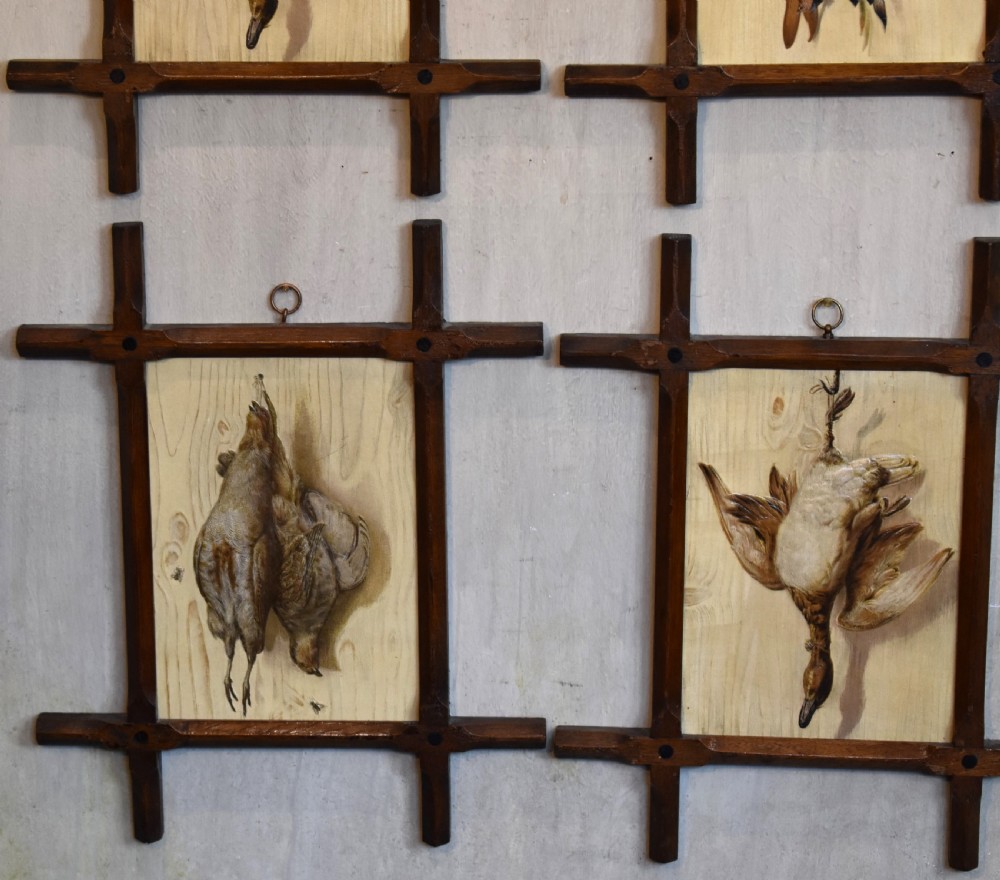 A set of four Victorian embossed prints featuring game birds and fish displayed in dark wooden Oxford frames. View VIII