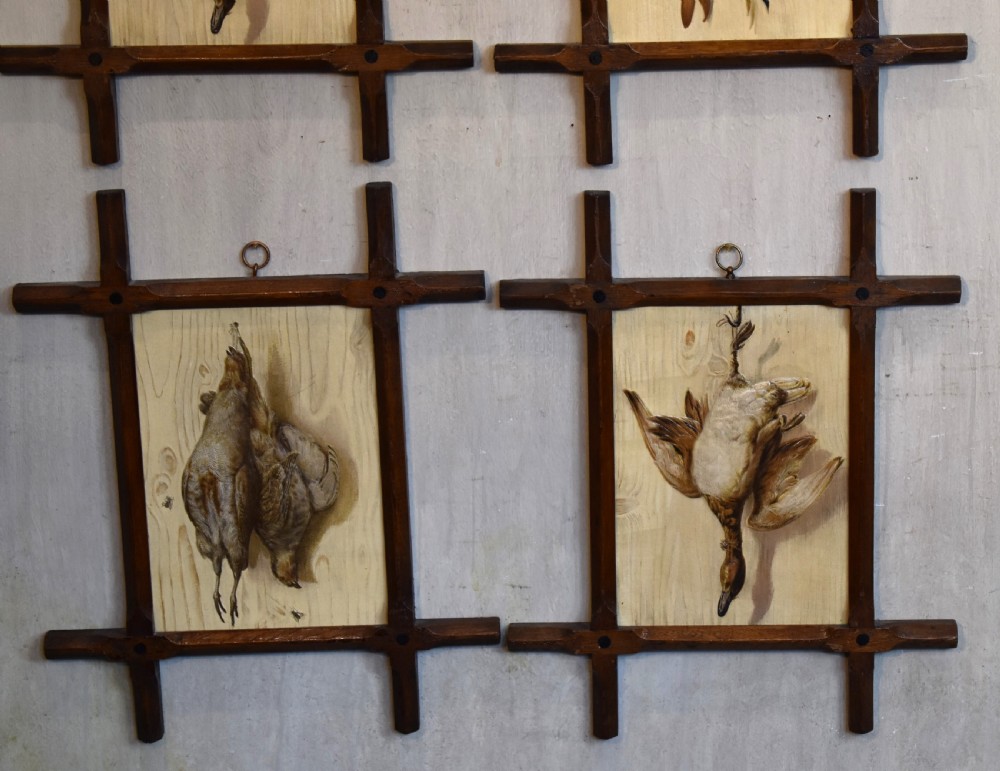 A set of four Victorian embossed prints featuring game birds and fish displayed in dark wooden Oxford frames. View IX