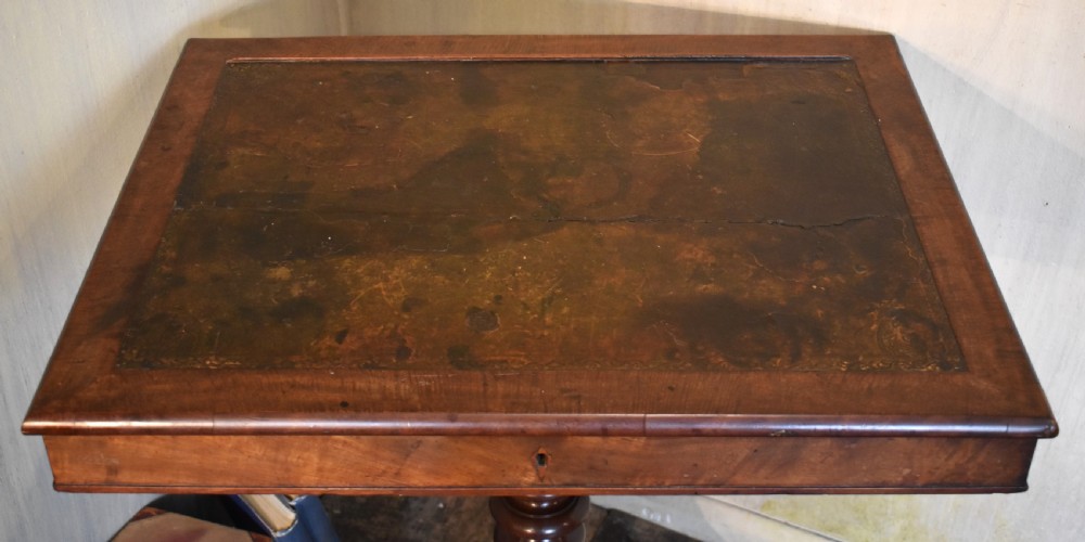 A Georgian mahogany library table featuring a rectangular leather-inset top supported by a turned pedestal stem and tripod swept legs. View IV