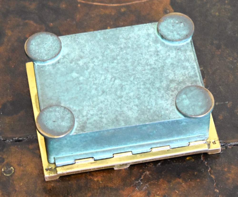 An Austrian Art Deco rectangular bronze box featuring a patinated verdigris green finish and lid adorned with raised circular copper studs. View III