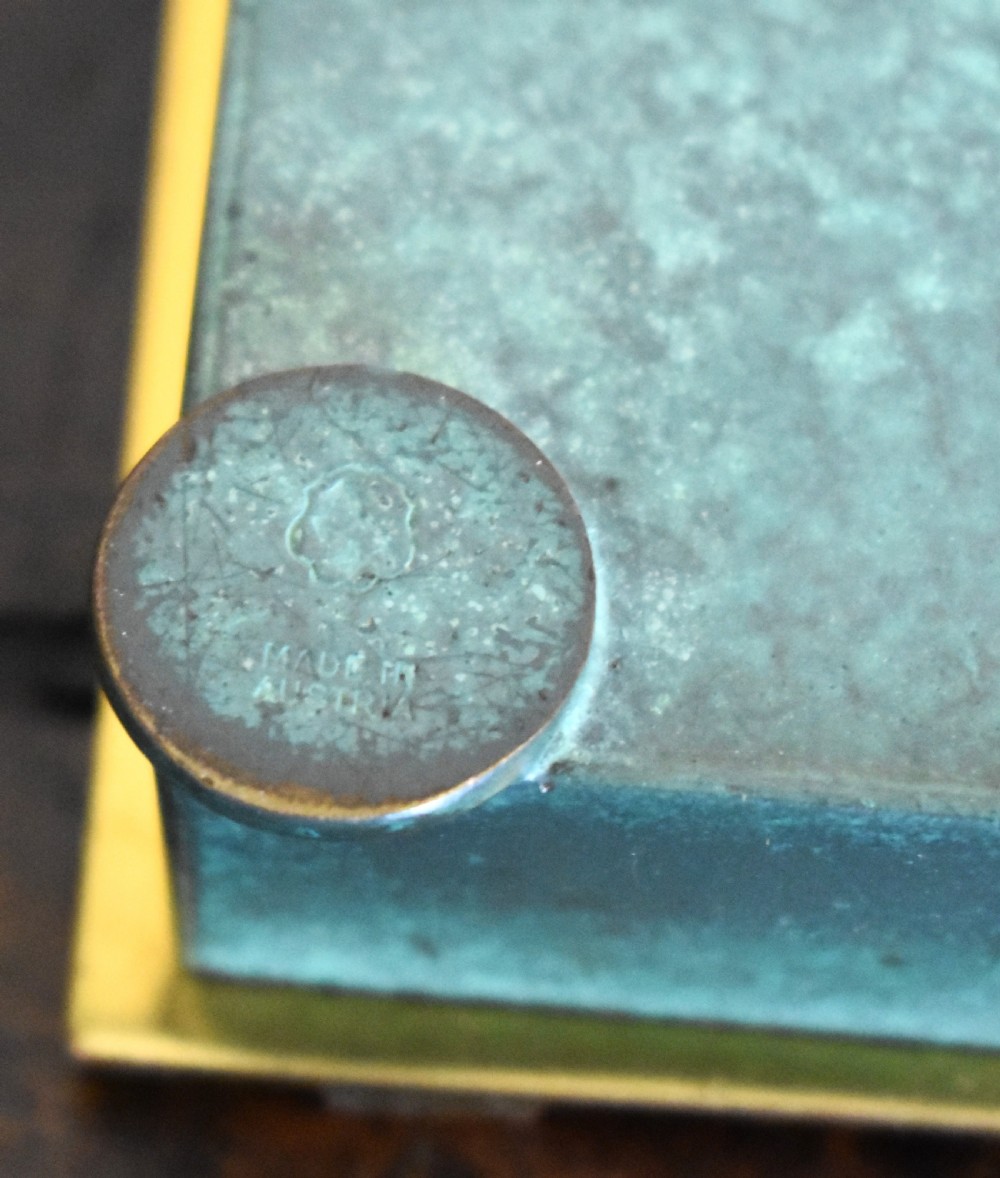 An Austrian Art Deco rectangular bronze box featuring a patinated verdigris green finish and lid adorned with raised circular copper studs. View IV