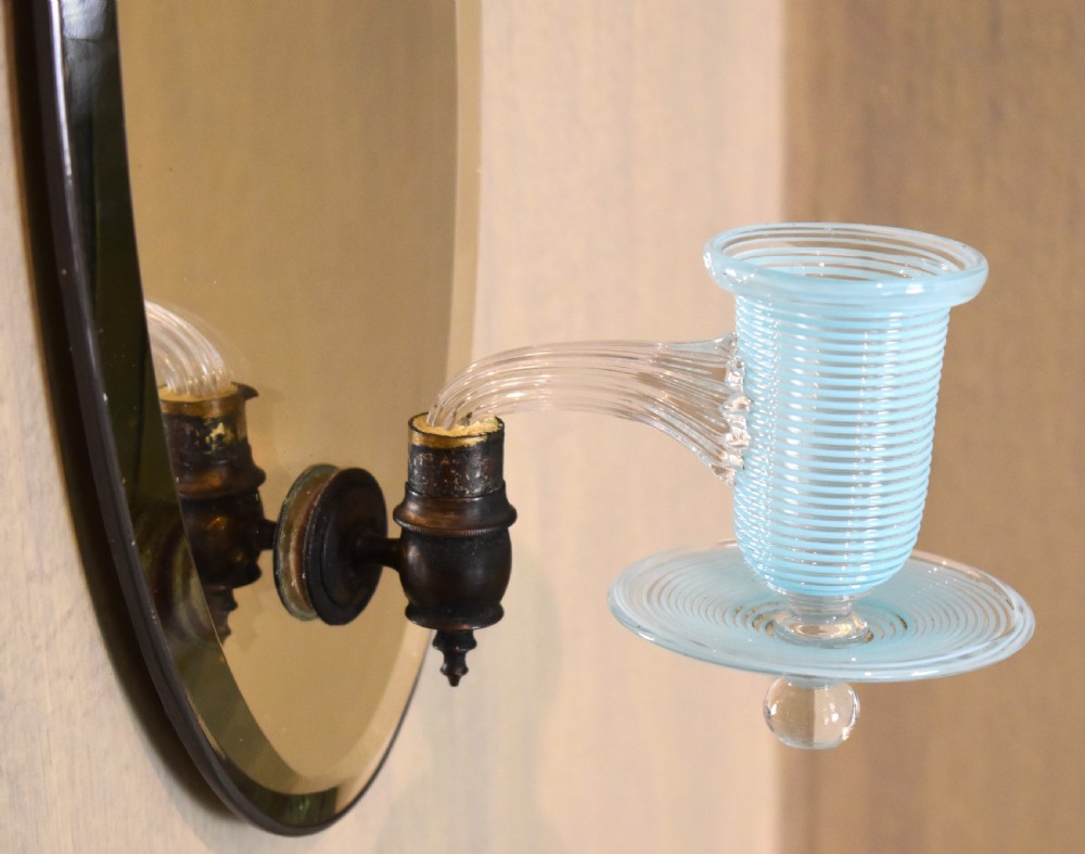 Fine pair of glass candle sconces with etched mirror backs View III