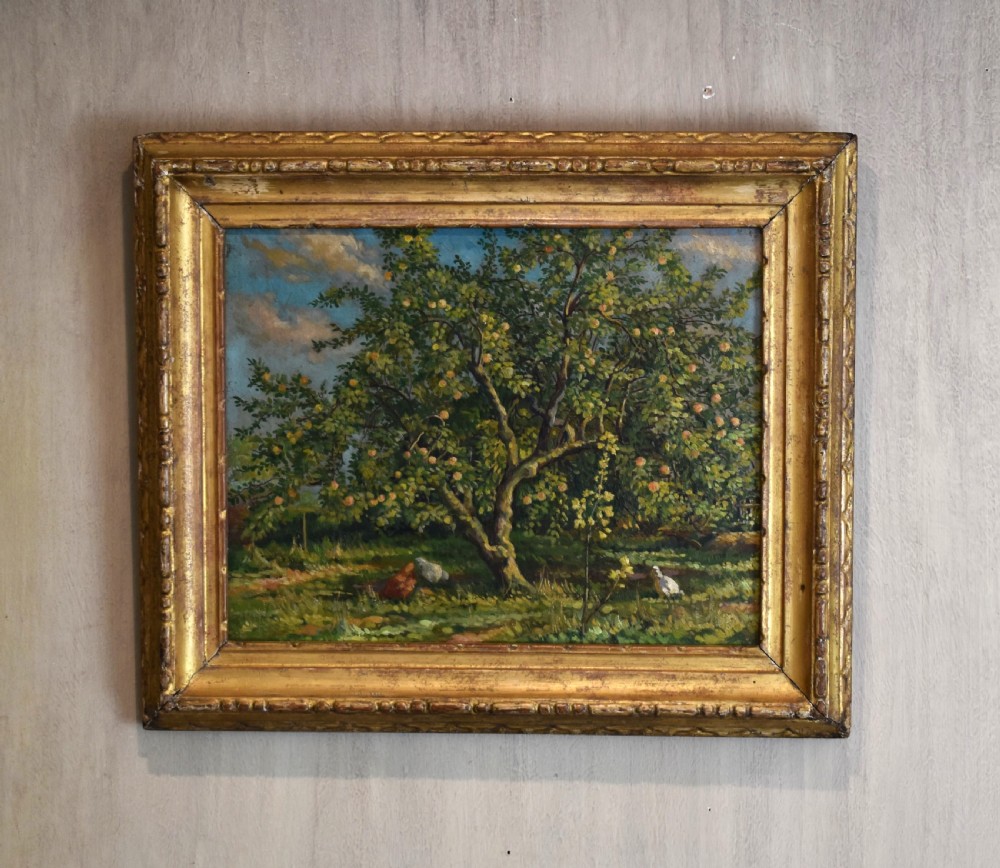 Oil painting of chickens under an apple tree by Roy Morris