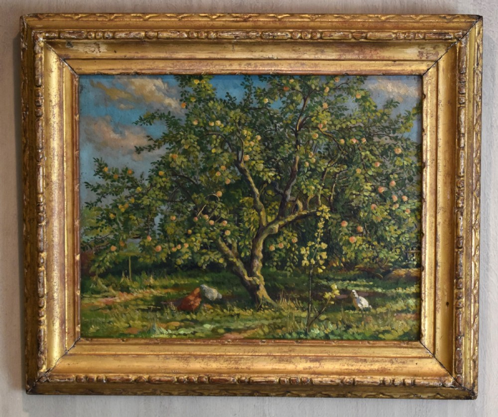 Oil painting of chickens under an apple tree by Roy Morris View II