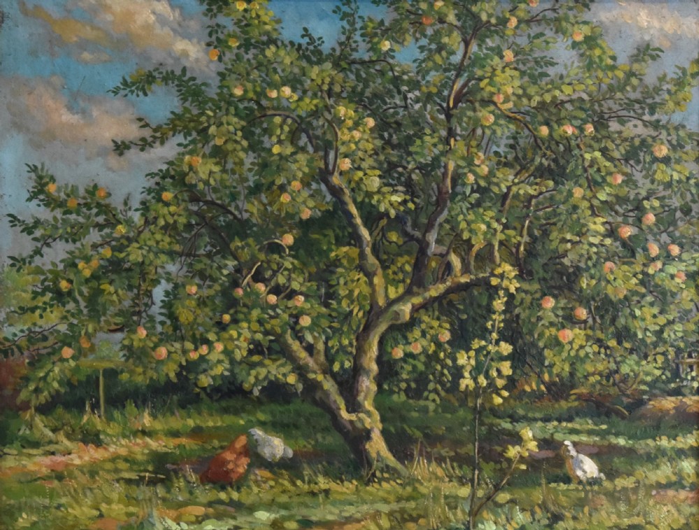 Oil painting of chickens under an apple tree by Roy Morris View III