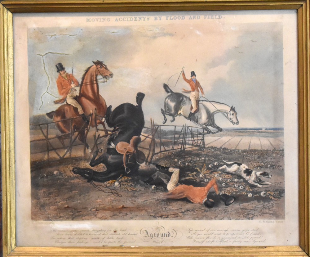 Set of four Regency hunting prints in burr yew frames View X