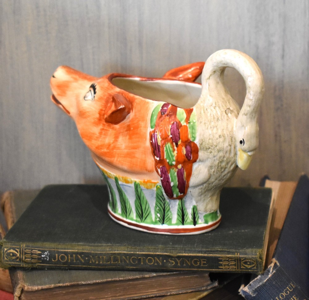 Early Staffordshire pottery fox and swan sauceboat View II