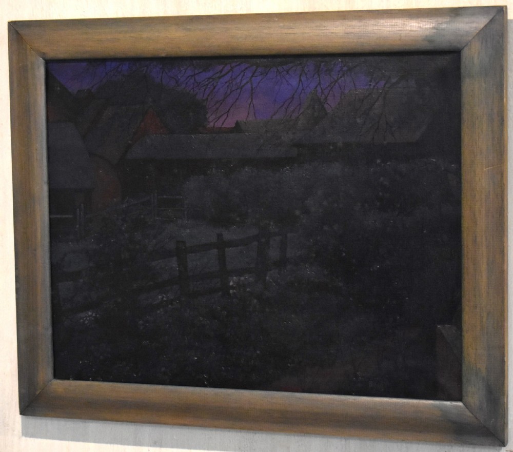 A framed oil painting depicting a nocturnal countryside scene under a purple twilight sky with silhouette trees and a timber fence. View II