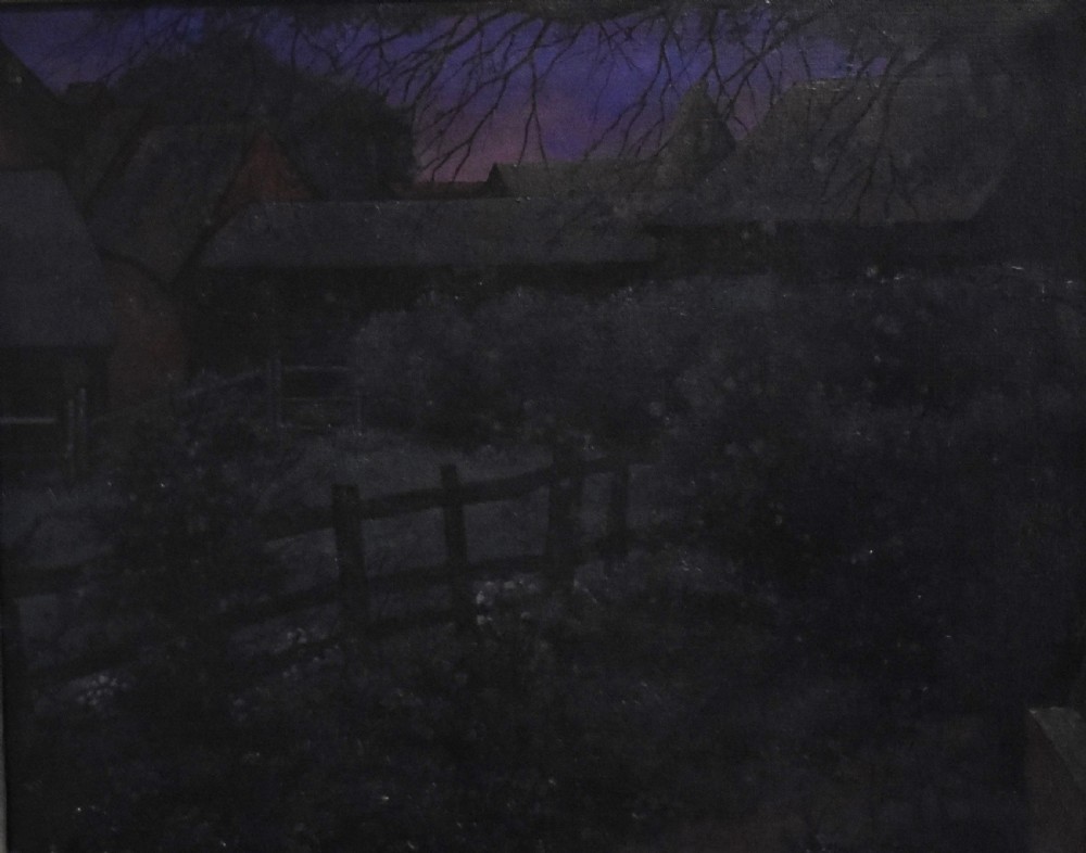 A framed oil painting depicting a nocturnal countryside scene under a purple twilight sky with silhouette trees and a timber fence. View III